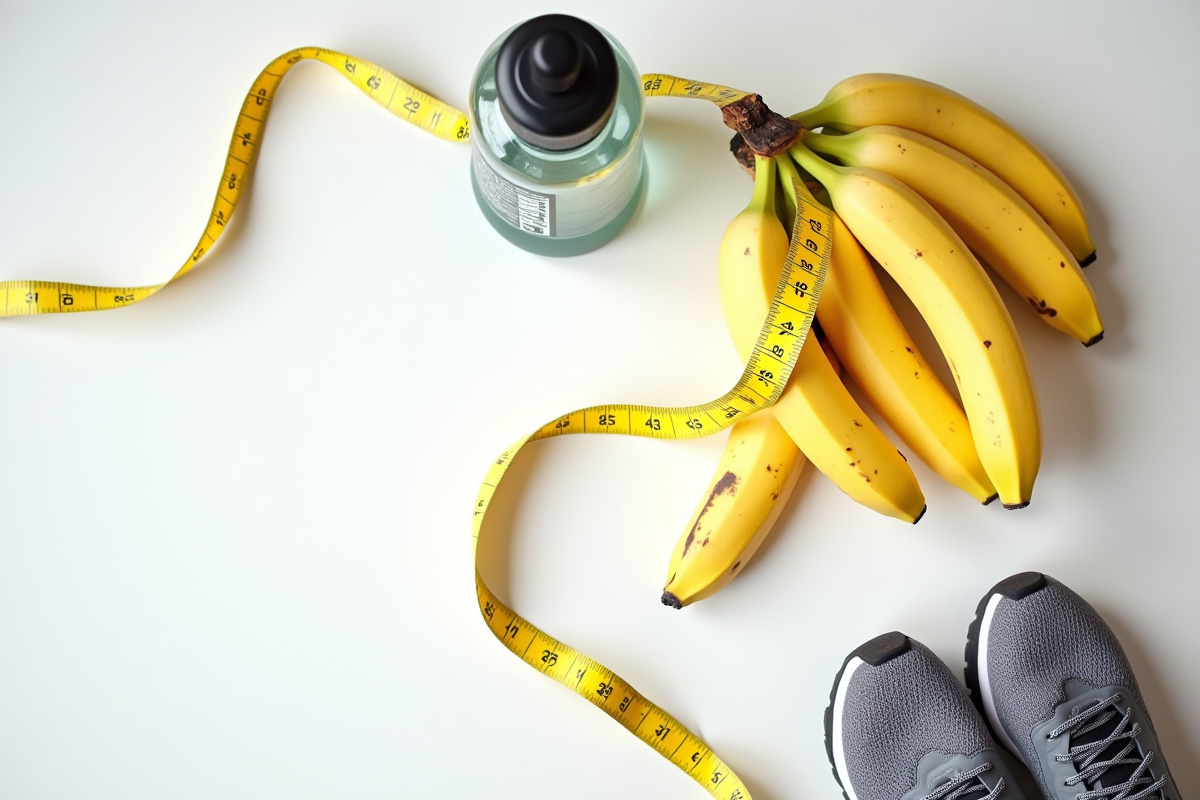 Équipement sportif avec bananes et ruban de mesure jaune