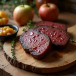 Boudin noir poêlé sur planche en bois avec compote de pommes caramélisées, moutarde à l'ancienne et thym frais, dans une cuisine rustique française