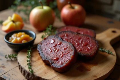 Boudin noir poêlé sur planche en bois avec compote de pommes caramélisées, moutarde à l'ancienne et thym frais, dans une cuisine rustique française