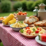 Table de pique-nique en bois avec des accompagnements colorés pour barbecue en famille : salade de pâtes, épis de maïs et tranches de pastèque sur nappe à carreaux rouges et blancs dans un jardin verdoyant