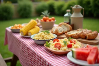 Table de pique-nique en bois avec des accompagnements colorés pour barbecue en famille : salade de pâtes, épis de maïs et tranches de pastèque sur nappe à carreaux rouges et blancs dans un jardin verdoyant
