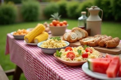 Table de pique-nique en bois avec des accompagnements colorés pour barbecue en famille : salade de pâtes, épis de maïs et tranches de pastèque sur nappe à carreaux rouges et blancs dans un jardin verdoyant
