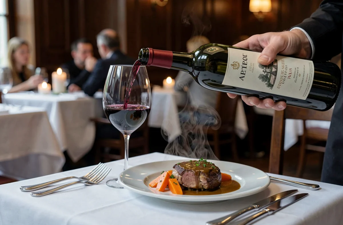 Sommelier versant un vin rouge de Bordeaux dans un verre en cristal à côté d'un ragoût d'agneau élégamment dressé dans un bistro français