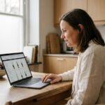 Femme consultant un site de vente de champagne en ligne sur son ordinateur portable dans une cuisine moderne