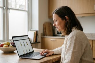 Femme consultant un site de vente de champagne en ligne sur son ordinateur portable dans une cuisine moderne