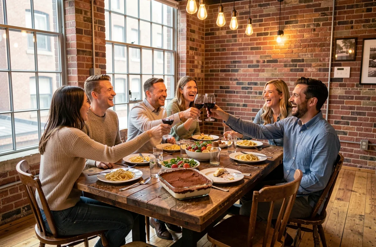 Groupe d'amis riant et trinquant autour d'une grande table à manger pour 10 personnes dans un loft convivial
