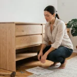 Femme assemblant un meuble en bois de style scandinave dans un salon moderne, comparaison qualité meuble So Cooc et Ikea