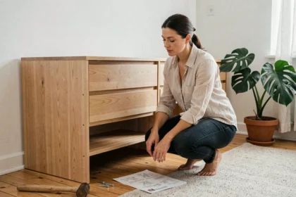 Femme assemblant un meuble en bois de style scandinave dans un salon moderne, comparaison qualité meuble So Cooc et Ikea