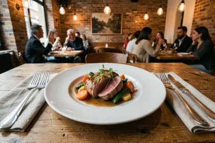 Assiette de canard rôti avec légumes de saison et jus de viande dans un restaurant bistronomique de Bordeaux Lac