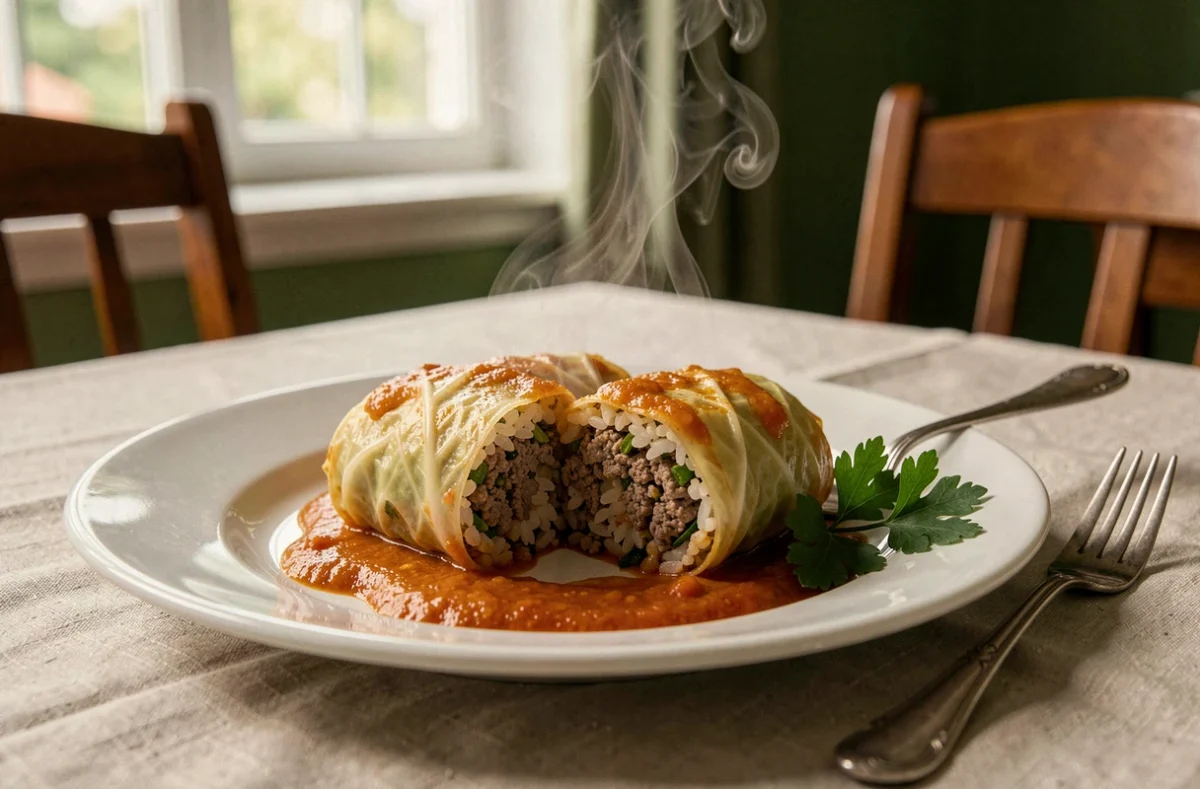 Assiette de chou farci tranché révélant sa farce à la viande et au riz, nappé de sauce tomate dorée sur une table de repas familial