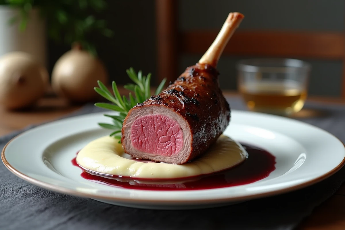 Assiette de gigot de chevreuil tranché avec purée de céleri et sauce au vin rouge pour une présentation gastronomique