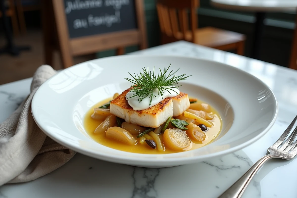 Assiette de julienne de poisson au vin blanc et crème fraîche dressée dans un bistrot parisien avec décor authentique