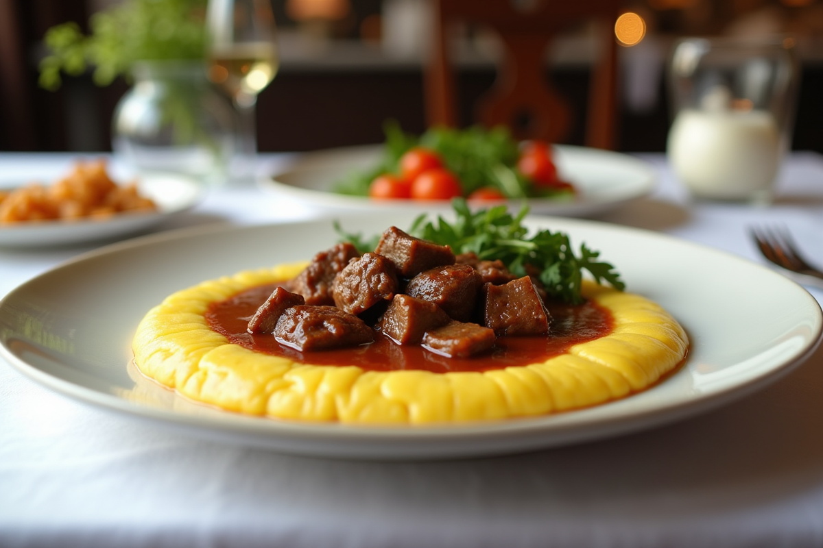 Assiette de polenta dorée et bœuf bourguignon avec légumes colorés