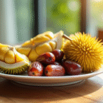 Assortiment de fruits exotiques sur une assiette en bois