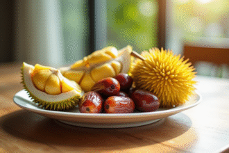 Assortiment de fruits exotiques sur une assiette en bois