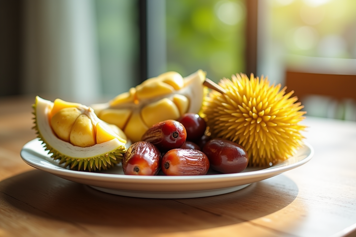 Assortiment de fruits exotiques sur une assiette en bois