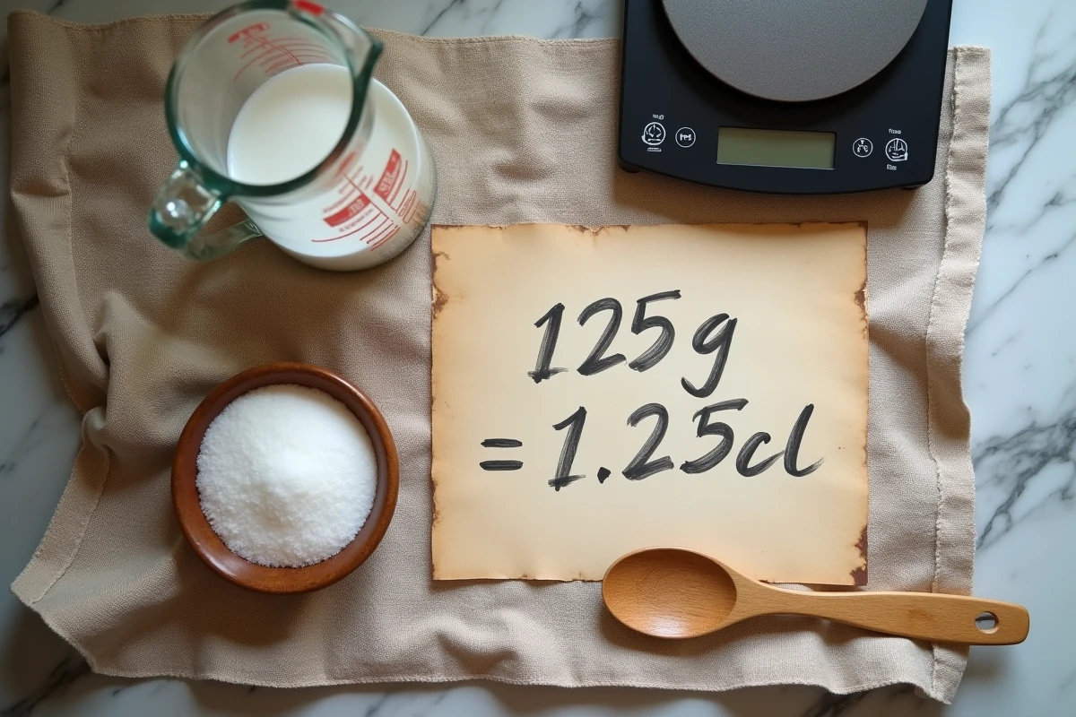Vue de dessus d'un comptoir de cuisine avec un verre mesureur, une balance numérique et une fiche de conversion manuscrite 125g en cl