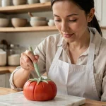Femme en tablier blanc décorant un gâteau trompe l'œil en forme de tomate lors d'un atelier pâtisserie à domicile