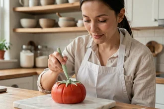 Femme en tablier blanc décorant un gâteau trompe l'œil en forme de tomate lors d'un atelier pâtisserie à domicile