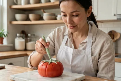 Femme en tablier blanc décorant un gâteau trompe l'œil en forme de tomate lors d'un atelier pâtisserie à domicile