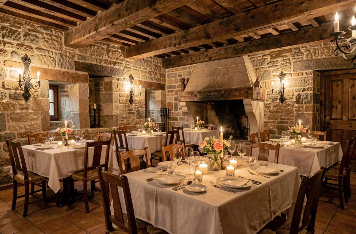 Salle à manger médiévale de l'Auberge du XIIème Siècle à Saché avec pierres apparentes, poutres en bois et tables dressées à la bougie