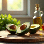 Avocat coupé sur planche en bois avec tomates et huile d'olive