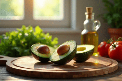 Avocat coupé sur planche en bois avec tomates et huile d'olive