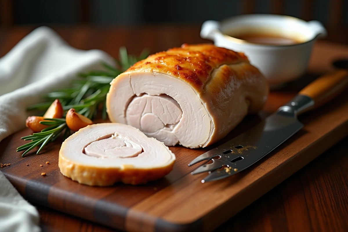 Tranche de blanc de chapon découpé sur planche en bois montrant une viande juteuse et une peau dorée croustillante
