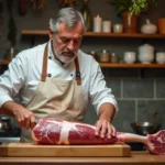 Boucher professionnel découpant un gigot de chevreuil cru sur un billot en bois dans une boucherie artisanale