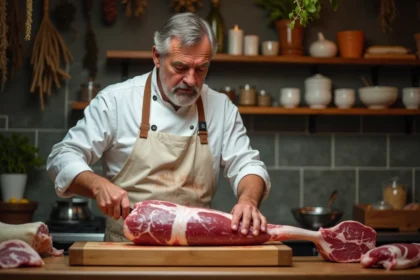 Boucher professionnel découpant un gigot de chevreuil cru sur un billot en bois dans une boucherie artisanale