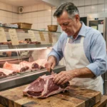 Boucher professionnel en tablier blanc qui pare une épaule d'agneau entière avec os sur un billot en bois dans une boucherie traditionnelle française