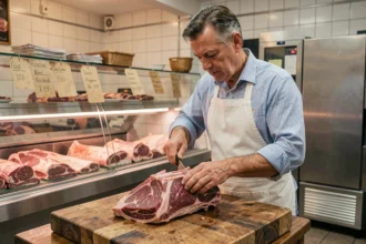 Boucher professionnel en tablier blanc qui pare une épaule d'agneau entière avec os sur un billot en bois dans une boucherie traditionnelle française