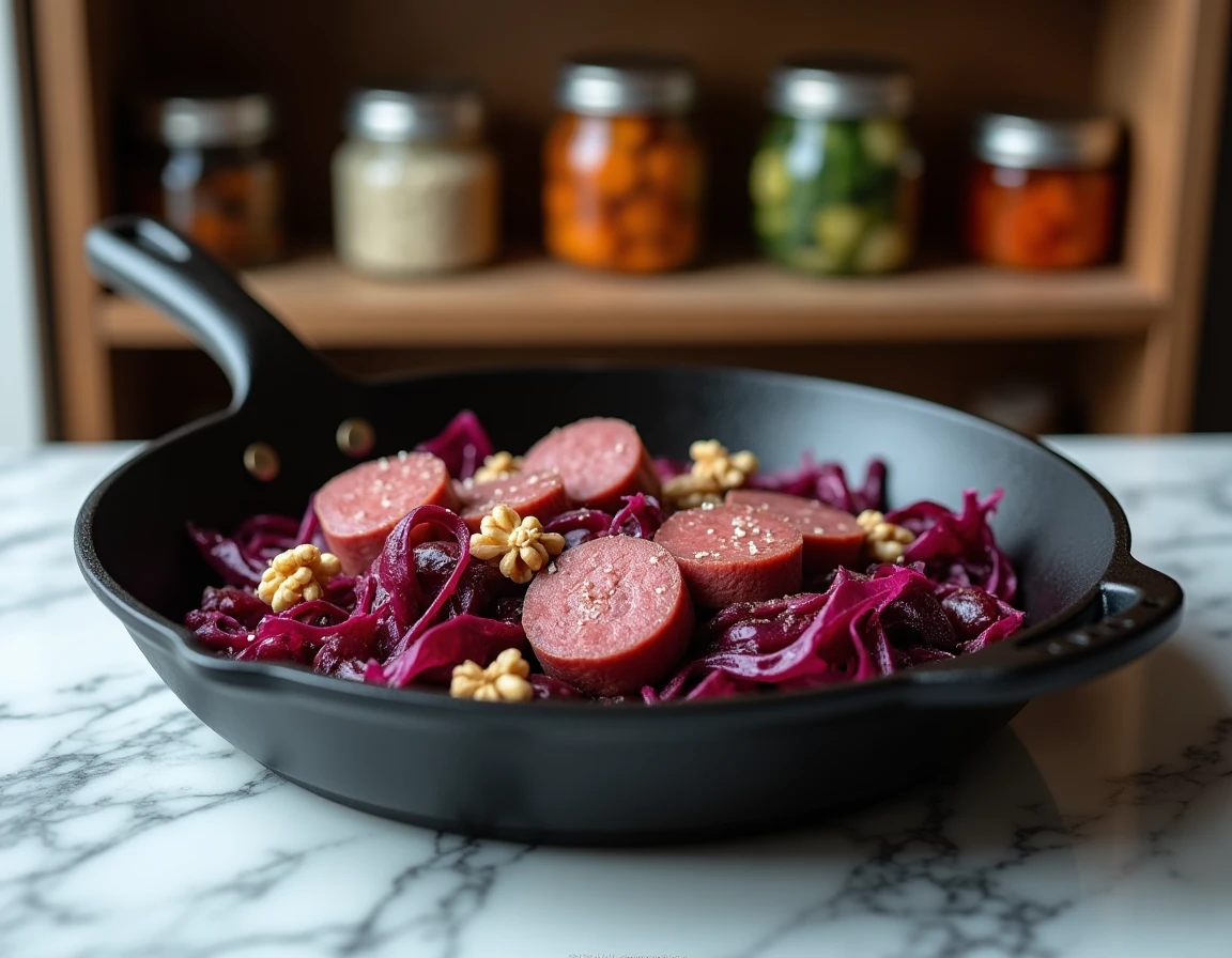 Boudin noir poêlé avec betteraves rôties, chou rouge et noix dans une poêle en fonte sur plan de travail en marbre, cuisine moderne française