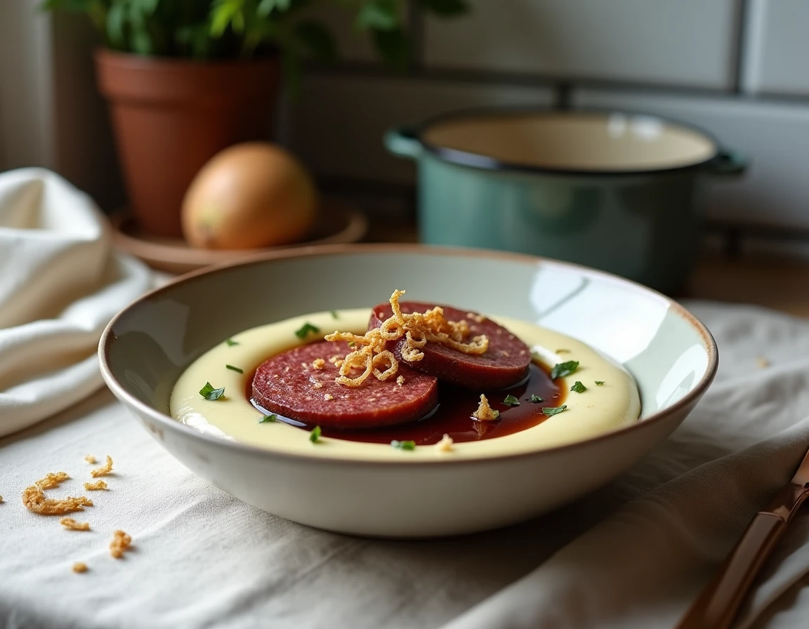 Boudin noir sur purée de céleri-rave avec échalotes croustillantes et réduction balsamique dans un bol en céramique, ambiance bistrot parisien