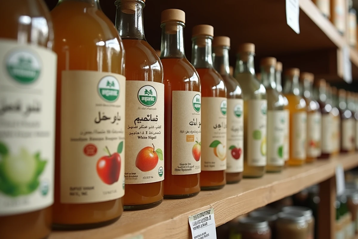 Rangée de bouteilles de vinaigre d'alcool avec étiquettes de certification halal sur un étalage de magasin bio