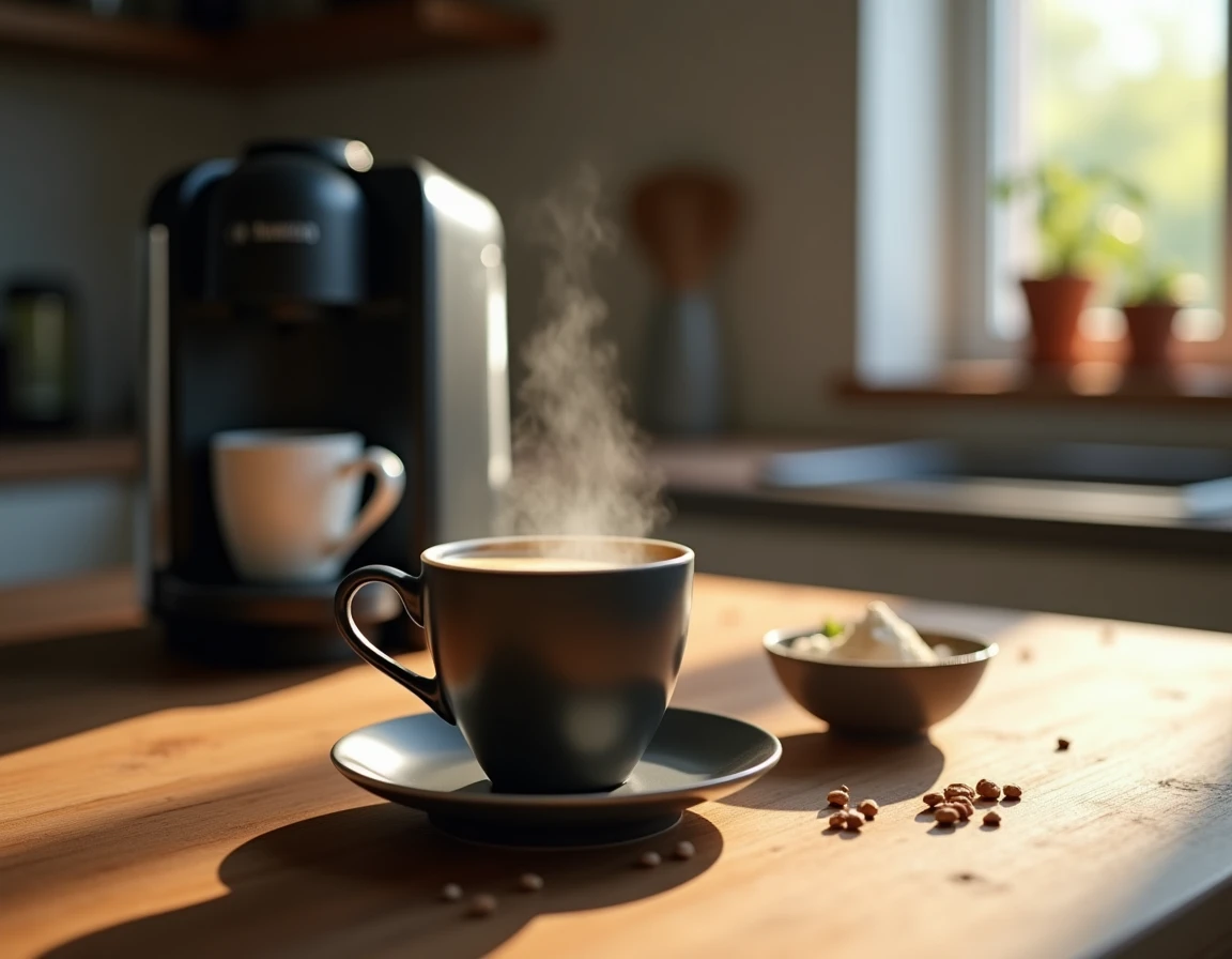 Tasse de café fumante à côté d'une machine Tassimo Bosch après détartrage maison avec acide citrique