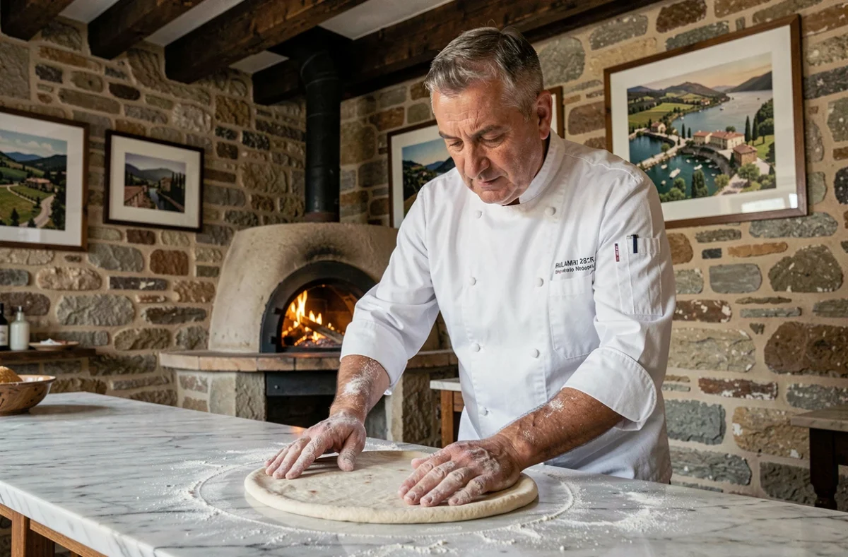 Chef du Calabria Ristorante à Pommard étirant une pâte à pizza sur un comptoir en marbre fariné devant un four à bois en pierre