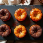 Canelés de fête vanille et chocolat disposés en flat lay sur une ardoise noire avec éclats de chocolat et gousses de vanille
