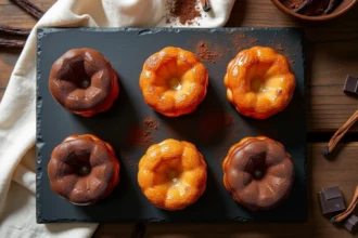 Canelés de fête vanille et chocolat disposés en flat lay sur une ardoise noire avec éclats de chocolat et gousses de vanille