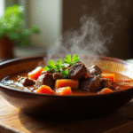 Bol de carbonade flamande fumante sur table en bois