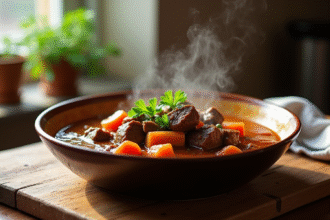 Bol de carbonade flamande fumante sur table en bois
