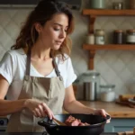 Femme cuisinant une carbonnade flamande ch'ti dans une cocotte en fonte sur une cuisinière à gaz, recette pour débutants