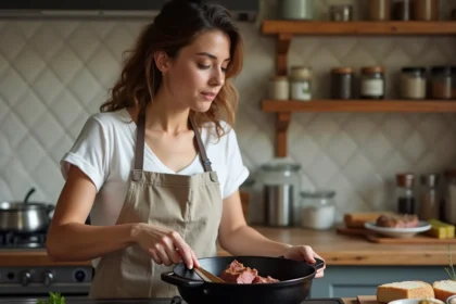 Femme cuisinant une carbonnade flamande ch'ti dans une cocotte en fonte sur une cuisinière à gaz, recette pour débutants