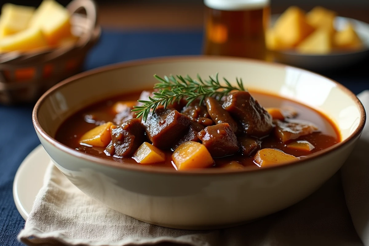 Bol de carbonnade flamande ch'ti servie avec des pommes de terre vapeur, plat traditionnel du Nord de la France à la bière brune