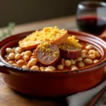 Cassoulet toulousain traditionnel servi dans une cassole en terre cuite avec haricots tarbais, confit de canard et saucisses de Toulouse gratinées