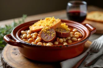 Cassoulet toulousain traditionnel servi dans une cassole en terre cuite avec haricots tarbais, confit de canard et saucisses de Toulouse gratinées
