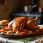 Chapon rôti entier doré sur un plat de service en céramique entouré de légumes racines, dans une cuisine rustique française