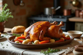 Chapon rôti entier doré sur un plat de service en céramique entouré de légumes racines, dans une cuisine rustique française
