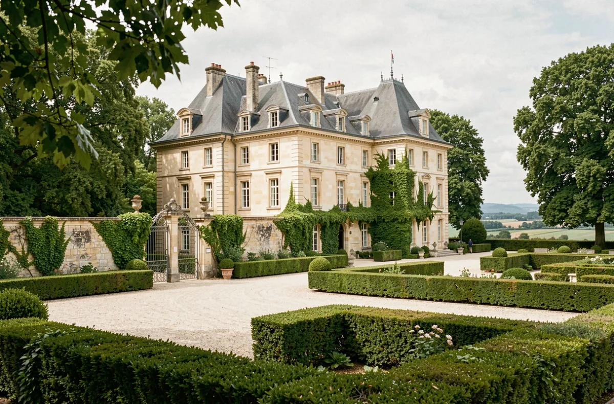 Façade en pierre du Château de Pray à Chargé entourée d'un jardin à la française avec haies taillées et parc boisé