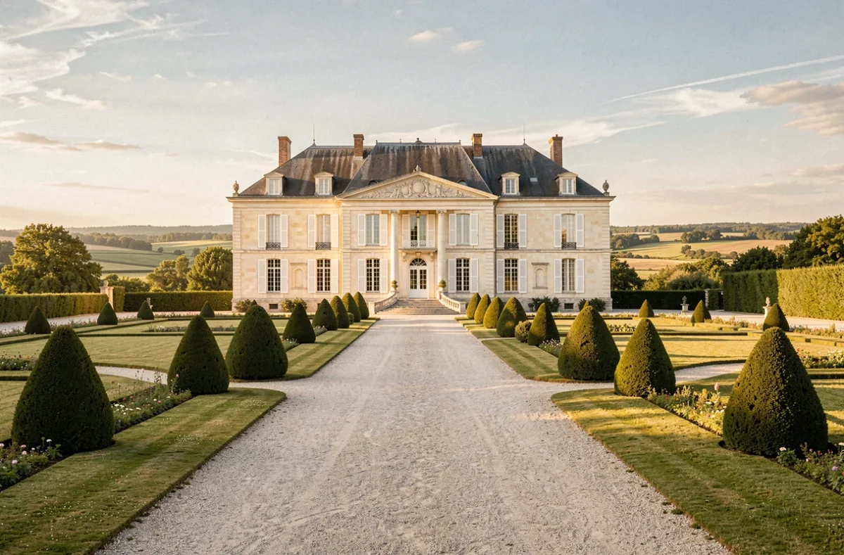 Façade néoclassique du Château de Rochecotte à Coteaux-sur-Loire avec allée de gravier et jardins à la française taillés en topiaires